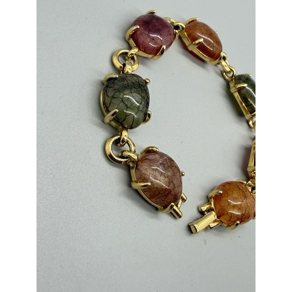 Liz Claiborne Acrylic Bracelet Gold Tone Link Multicolor Cabochon Chunky Vintage - Picture 3 of 13